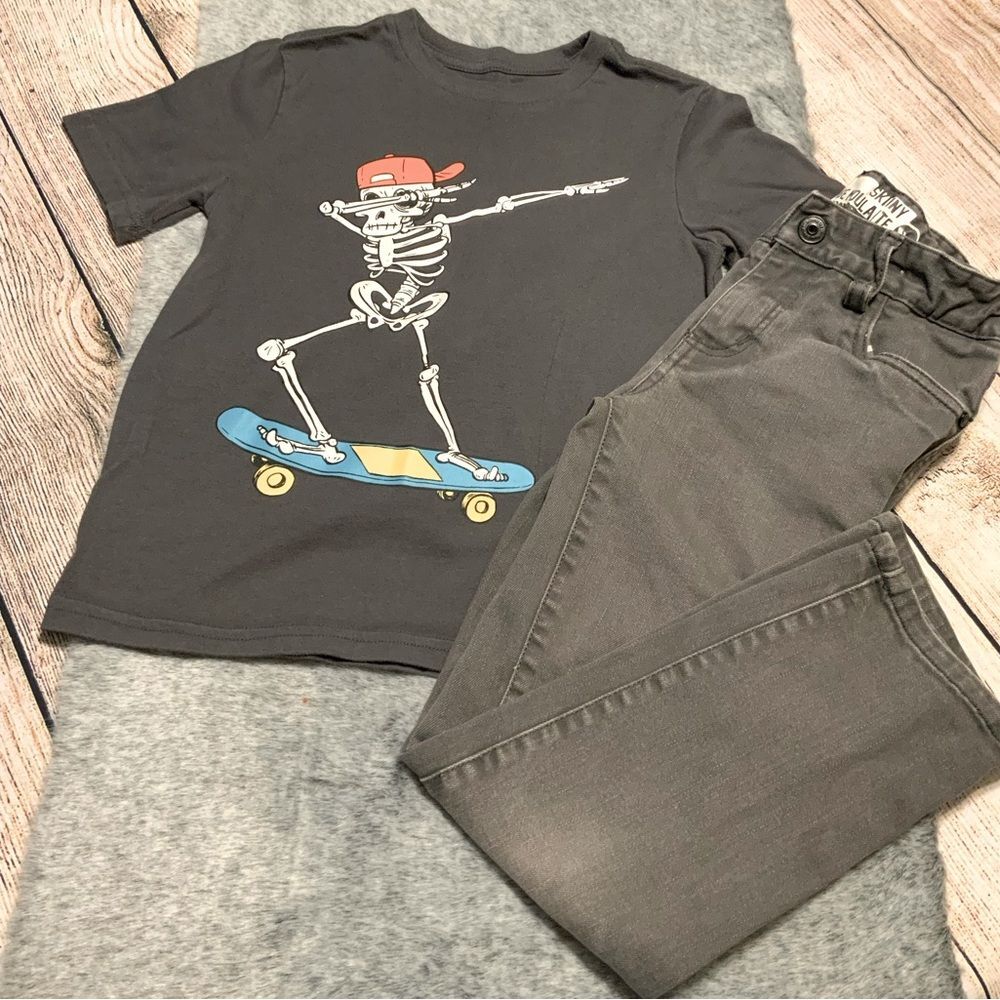 Kid’s Gray Skinny Jeans & Skeleton Skater Tee Size 6